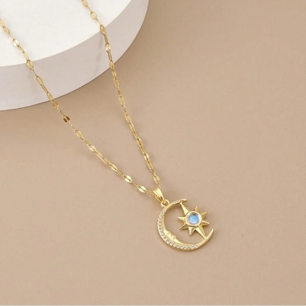 Gold Plated Stainless Steel Moon & Star Rhinestone Pendant Necklace - Picture 2 of 2